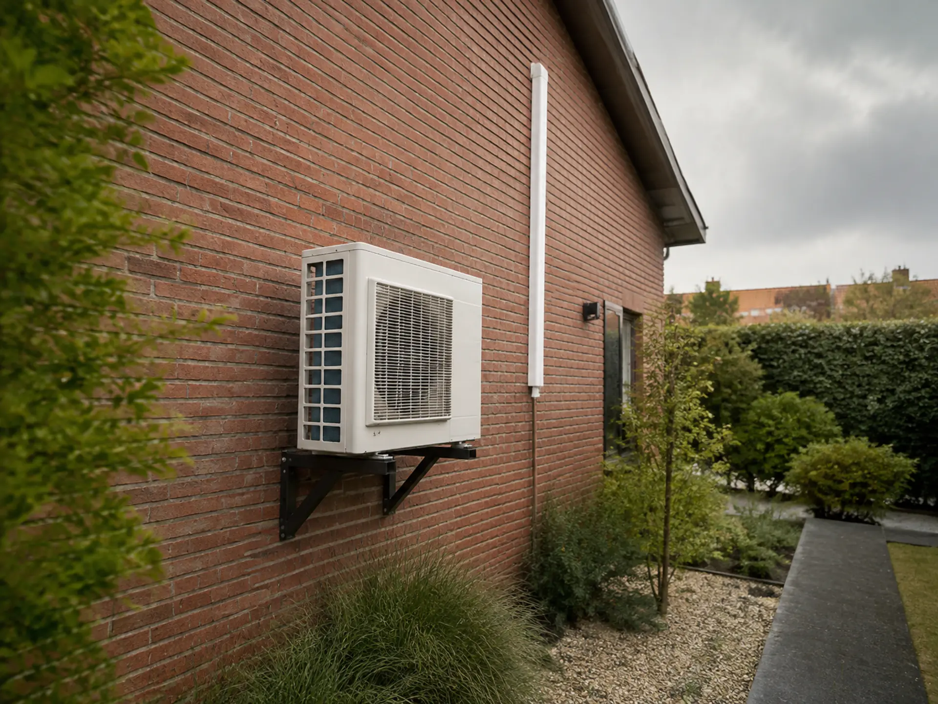 Buitenunit van een airco netjes gemonteerd op een gevelbeugel naast een woning, met afgewerkte leidinggoot