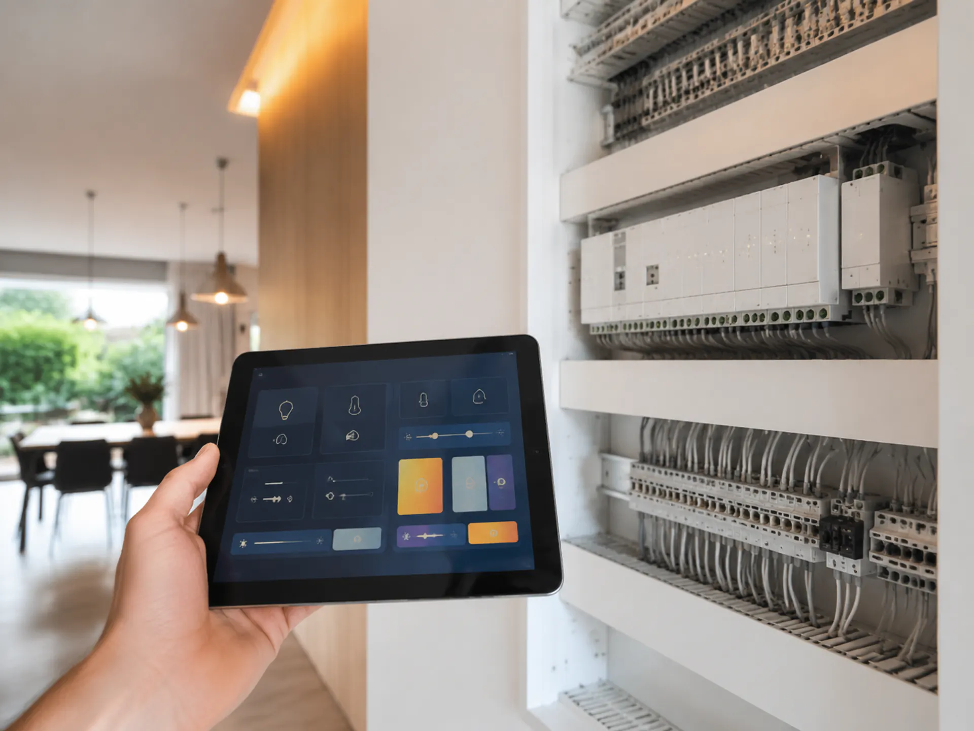 Domotica installateur configureert een slim verdeelbord met modules voor verlichting, laadpaal en warmtepomp