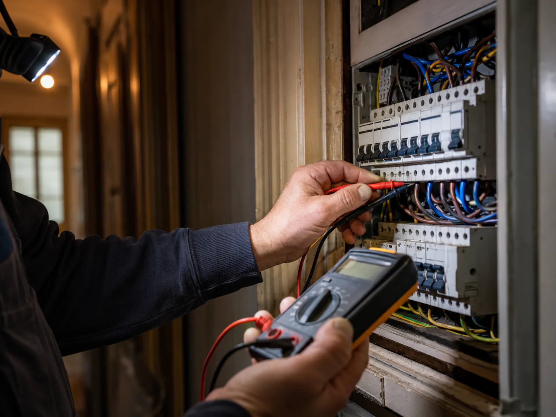 Elektricien meet met een multimeter in een verdeelbord om de oorzaak van een storing op te sporen
