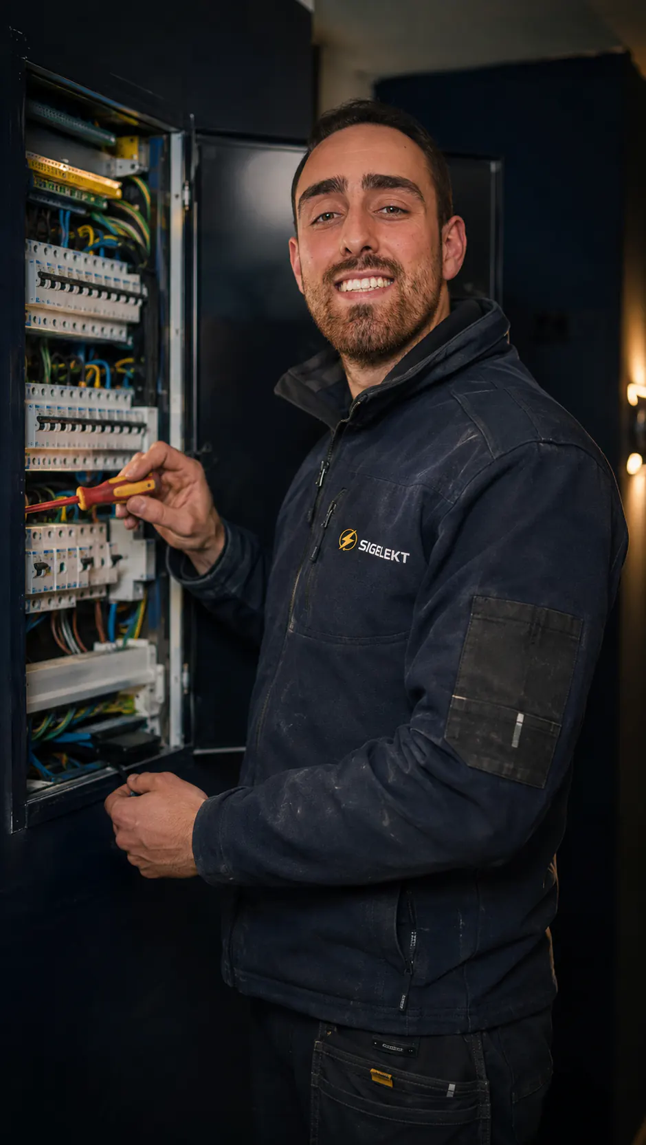 Jonas Smid, elektricien van Sigelekt, aan een open verdeelbord in Kortenberg