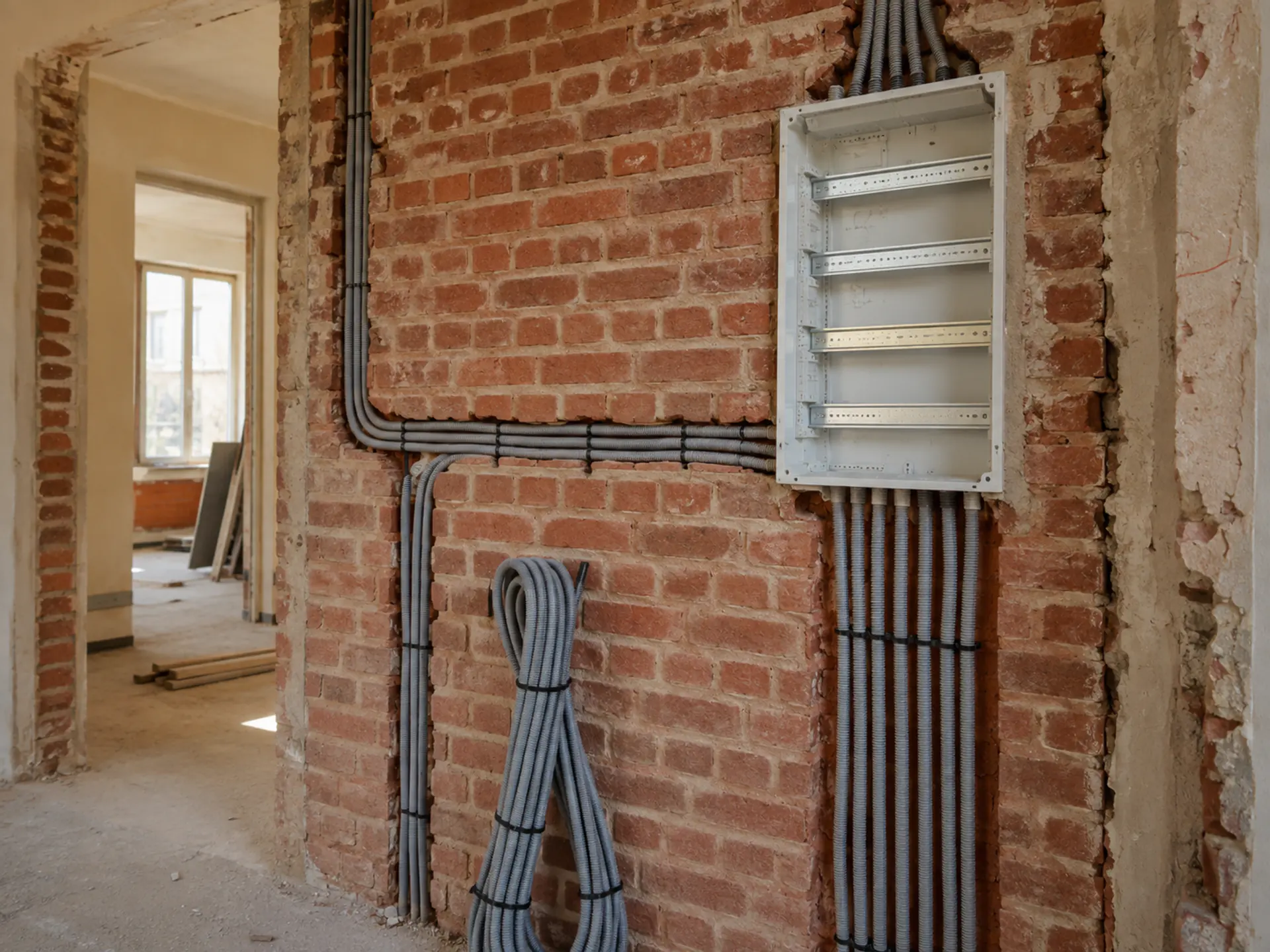 Nieuwe elektrische installatie in een woning in aanbouw: gefreesde leidingen en wachtbuizen naar het verdeelbord