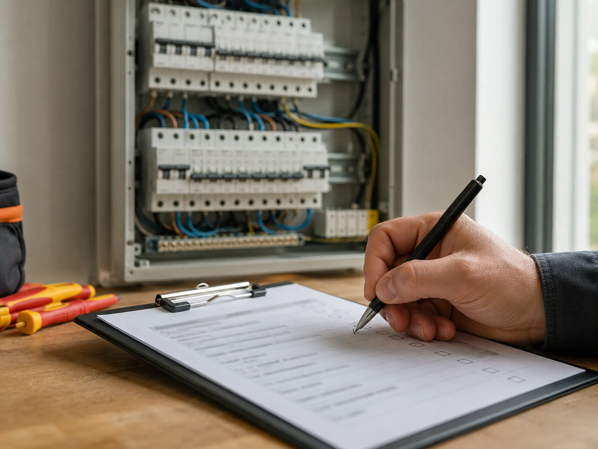 Keuringsverslag elektriciteit naast een geopend verdeelbord, klaar voor de controle door het erkend organisme