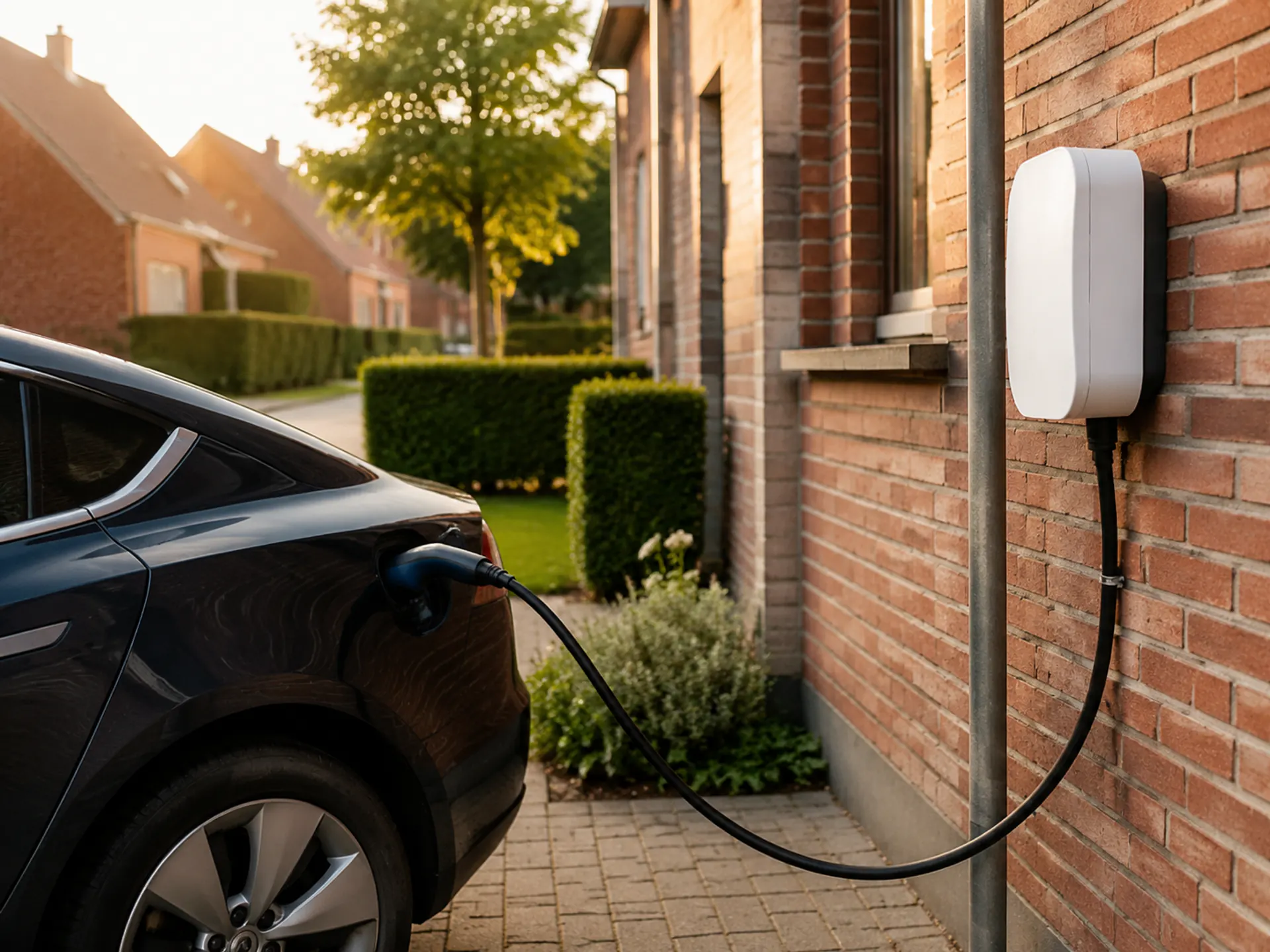 Laadpaal van 11 kW gemonteerd aan de gevel naast een oprit, met laadkabel aangesloten op een elektrische wagen